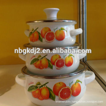 Wholesale Quality guarantee PP knob and glass Lid and two side decal porcelain enamel cookware mini casserole sets